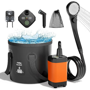 Portable folding bucket shower system with a black collapsible bucket, handheld shower head, orange and black pump, hose, filter strainer, and mesh filter bag on a white background.