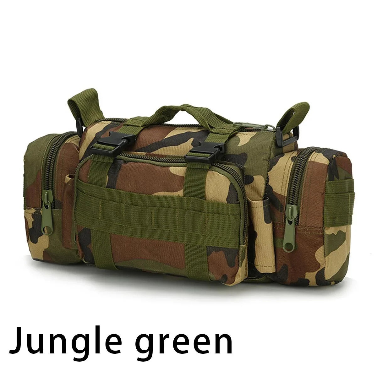 Camouflage duffel bag with multiple zippers on a white background, labeled 'Jungle green'.