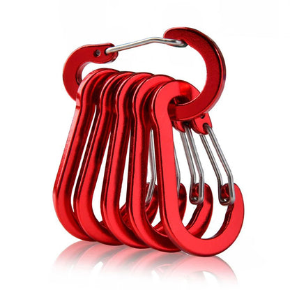 Set of red carabiners on a white background