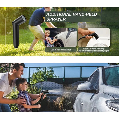 A promotional collage for a handheld car and floor sprayer. The top panel shows the black handheld sprayer with a dimension label, plus inset photos of a man washing a white car and flushing a floor corner.