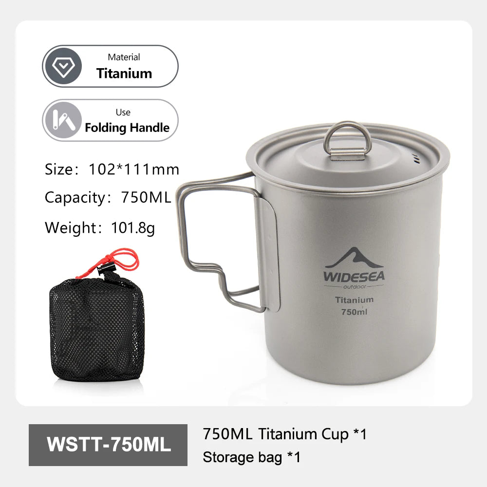 A titanium camping mug with lid and folding handle, shown on a white background with product specs, a small black mesh storage bag, and text labels including 'Material Titanium', 'Use Folding Handle', size, capacity, weight, and 'WSTTT-750ML'.