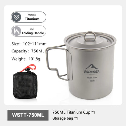 A titanium camping mug with lid and folding handle, shown on a white background with product specs, a small black mesh storage bag, and text labels including 'Material Titanium', 'Use Folding Handle', size, capacity, weight, and 'WSTTT-750ML'.