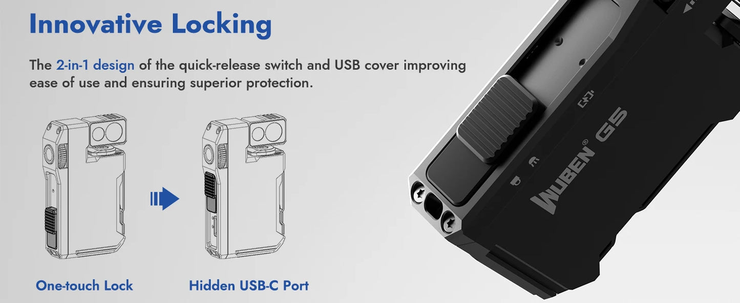 Innovative locking mechanism of a device with text explaining features.