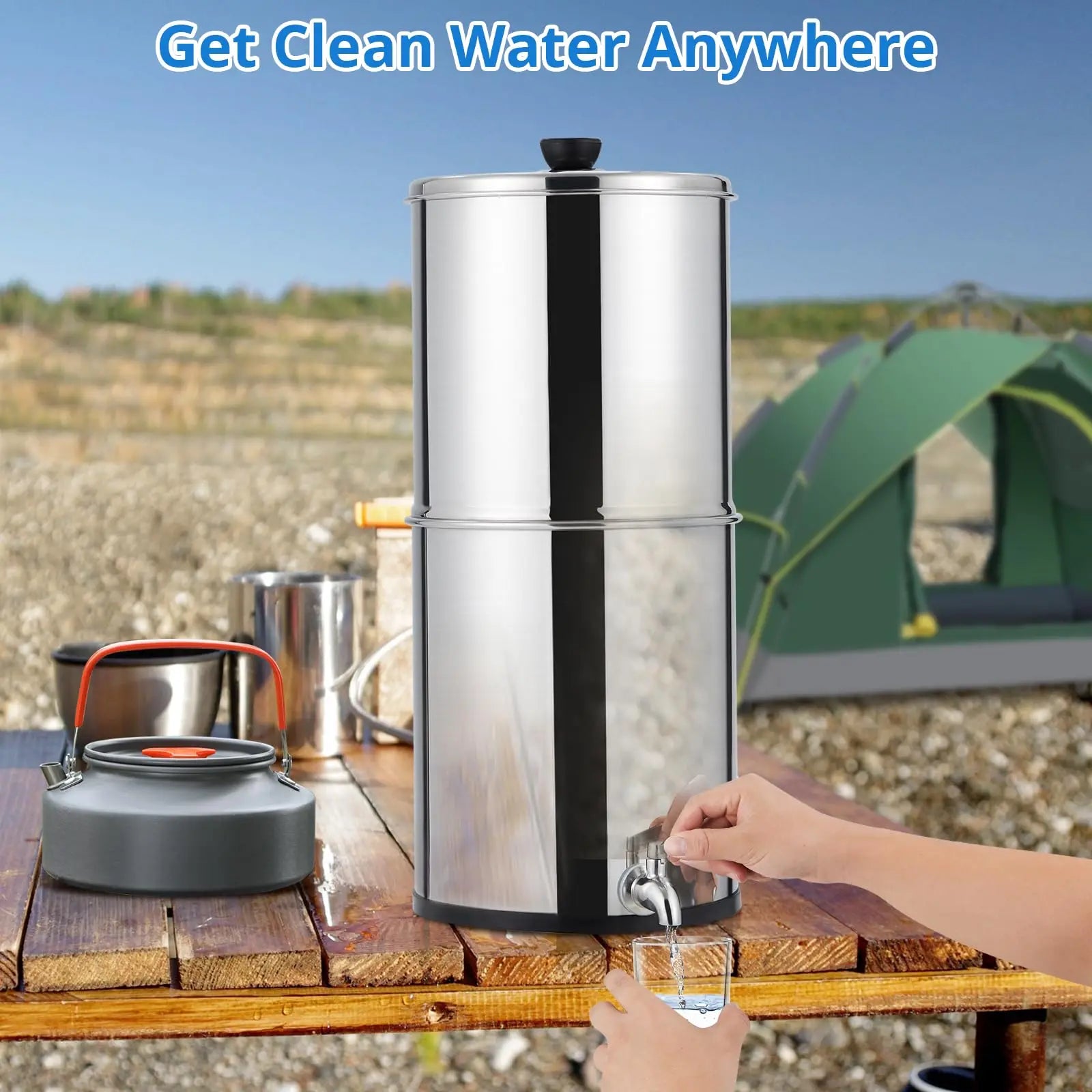 Water filter on a camping table with a tent in the background