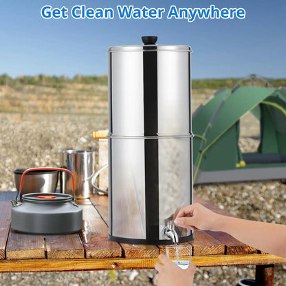 Water filter on a camping table with a tent in the background