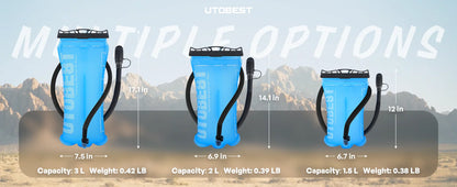 Three blue hydration bladders with measurements and weights on a desert landscape background.