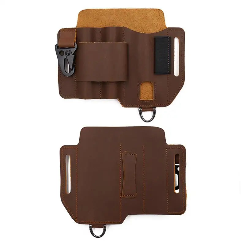 Brown leather holster with clip on a white background