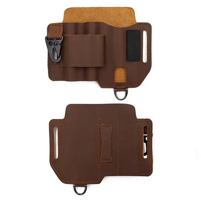 Brown leather holster with clip on a white background