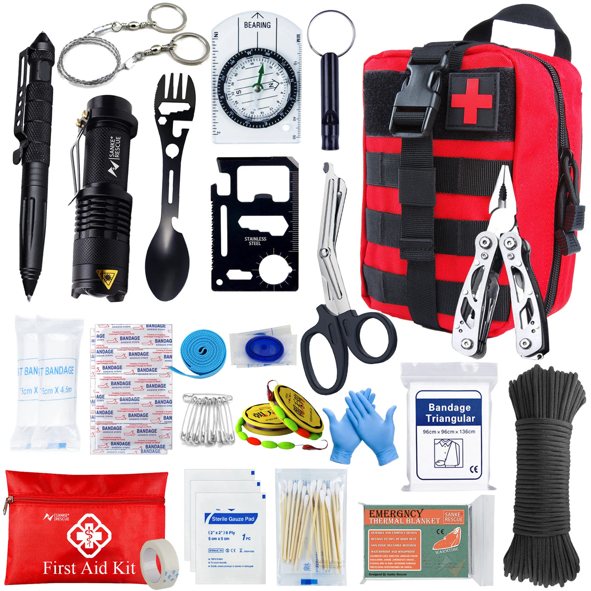 Collection of emergency survival tools and first aid supplies on a white background