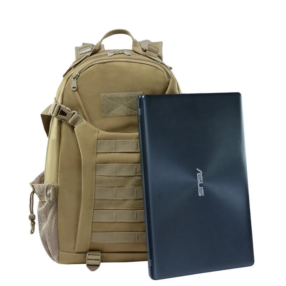 Tan backpack and black laptop with ASUS logo on a white background