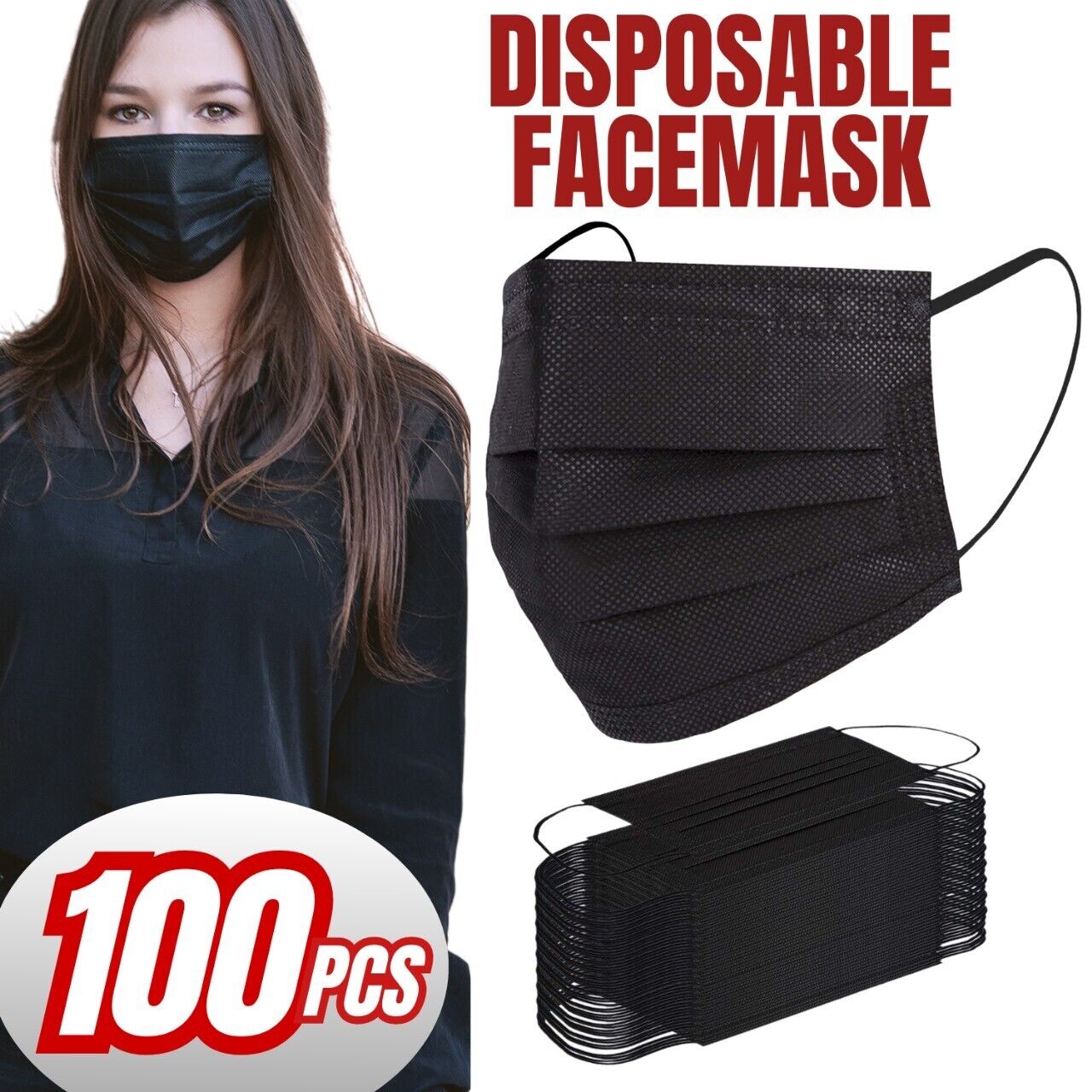 100-Pack Disposable 3-Ply Black Face Masks for Adults & Teens | Breathable, Comfortable, and Secure Fit