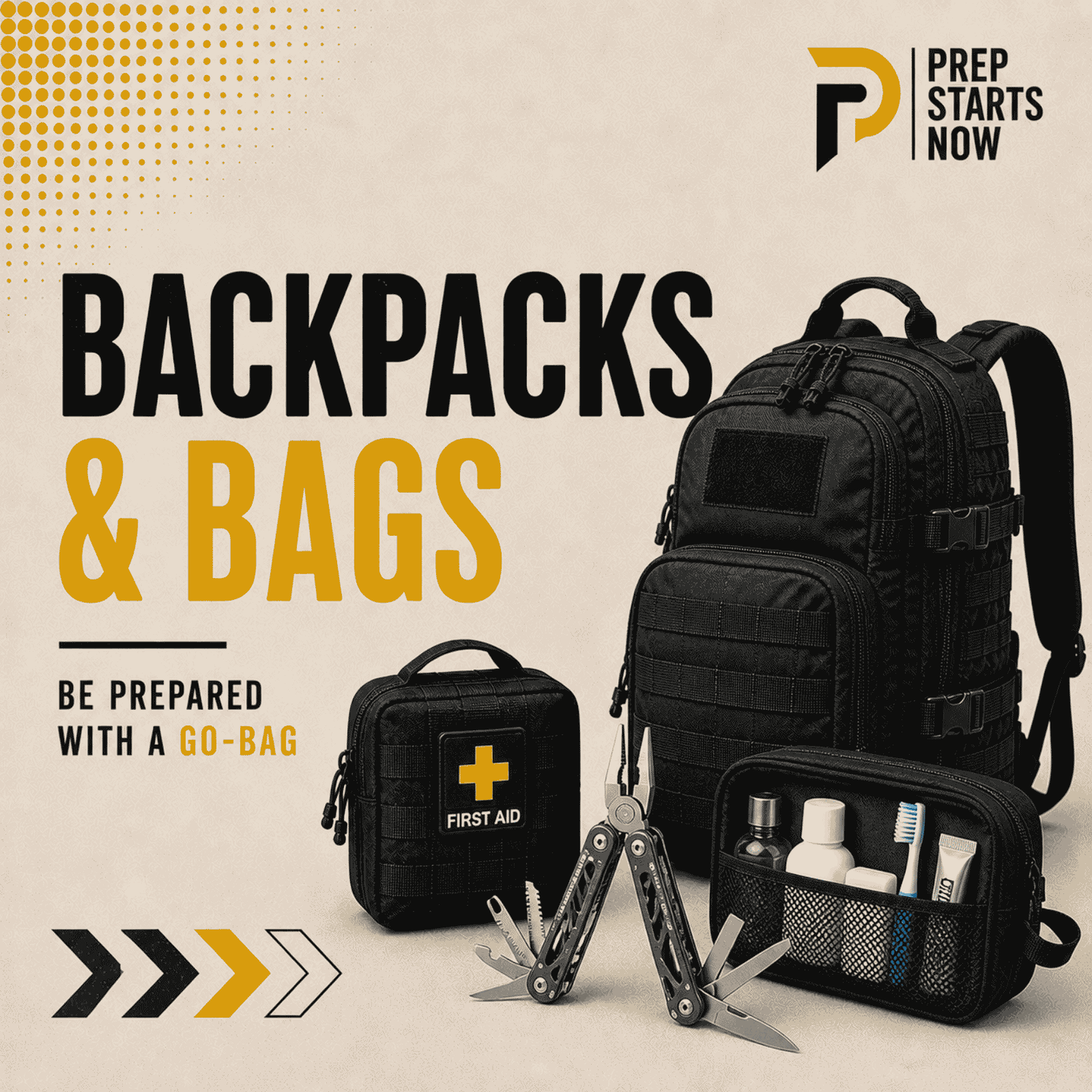 Backpacks and bags collection graphic with tactical backpack, first aid kit, multi-tool, and hygiene kit