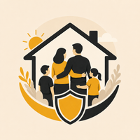 A stylized vector illustration of a family of four standing inside a house outline with a shield and crescent shape beneath them, on a warm beige background with a small sun and clouds.