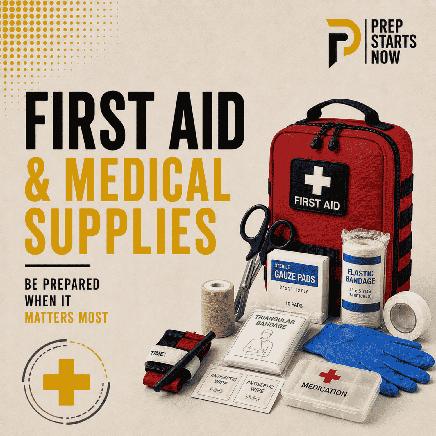First aid and medical supplies collection graphic with emergency kit and medical items