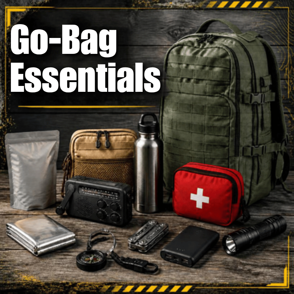 Go-Bag Essentials collection featuring a large gray tactical backpack on a rustic wooden background, surrounded by essential survival and outdoor gear including a red first aid kit, water bottle, radio, flashlight, compass, and pouches.
