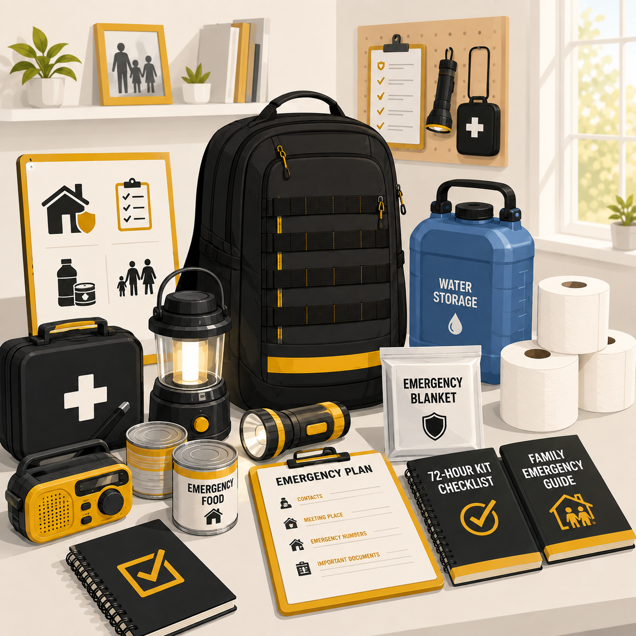 A styled emergency preparedness kit arranged on a tabletop in a bright room. The set includes a black backpack with yellow accents, a blue water storage container, a black first-aid case, lanterns, a flashlight, canned food, toilet paper, an emergency blanket, a radio, notebooks, and printed checklist materials.