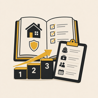 A flat vector illustration of home security and safety checklist icons, including an open book with a house and shield, a golden arrow rising over three numbered blocks, and a clipboard with checklist items, all on a light beige background.