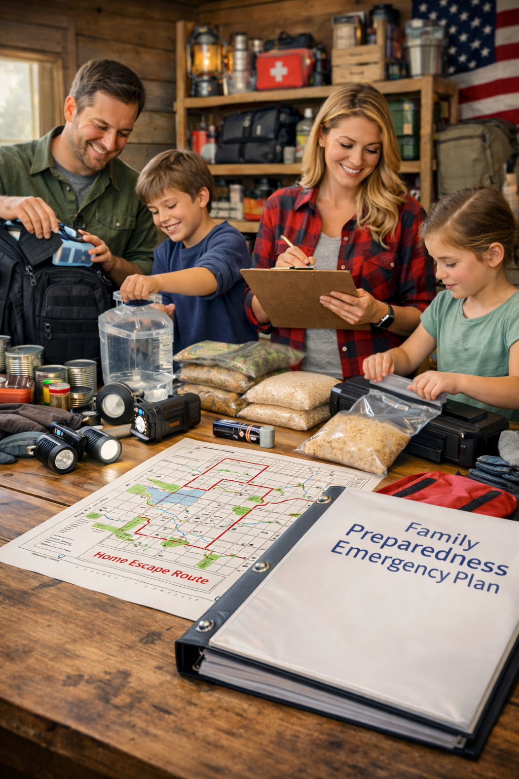 Family reviewing emergency preparedness supplies and plan on a wooden table.