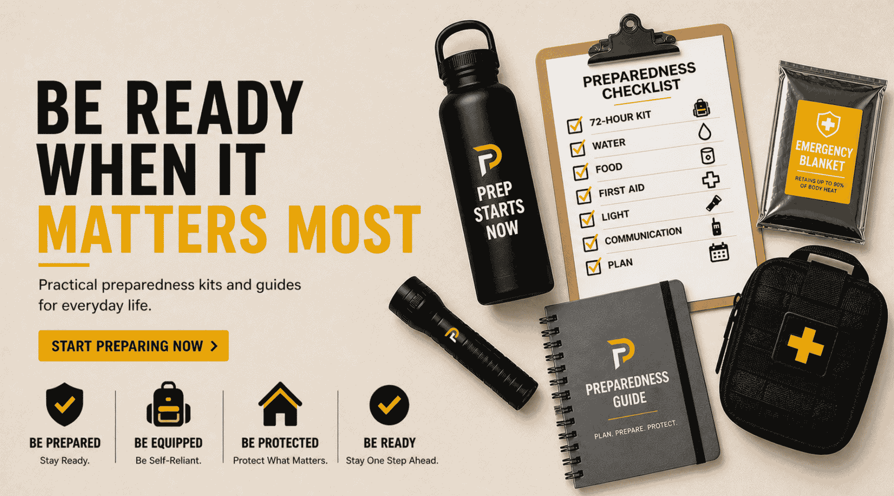 Emergency preparedness hero banner with checklist and gear