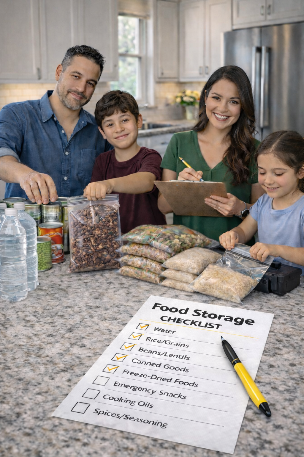 Family in a kitchen with food storage items and a checklist