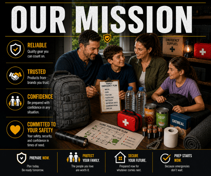 Emergency preparedness mission graphic featuring a family creating a home evacuation plan with tactical gear, food supplies, and safety essentials.