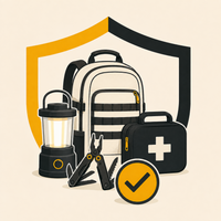 A stylized vector illustration of a backpacking and emergency preparedness kit, featuring a white and black backpack, a black lantern, a black first aid kit with a white cross, a black multi-tool, and a yellow circular checkmark icon, all set against a light beige background with a yellow and black shield outline.