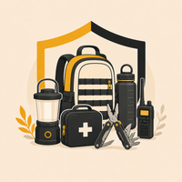 A vector illustration of a camping and emergency preparedness gear set, including a backpack, lantern, first aid kit, multi-tool, water bottle, walkie-talkie, and shield emblem on a beige background.
