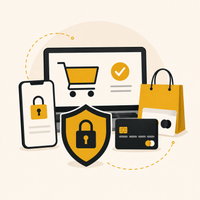 Flat vector illustration of e-commerce security and shopping concepts, featuring a laptop with a shopping cart and checkmark, a smartphone with a lock icon, a shopping bag, a credit card, and a shield with a padlock, all on a light beige background.