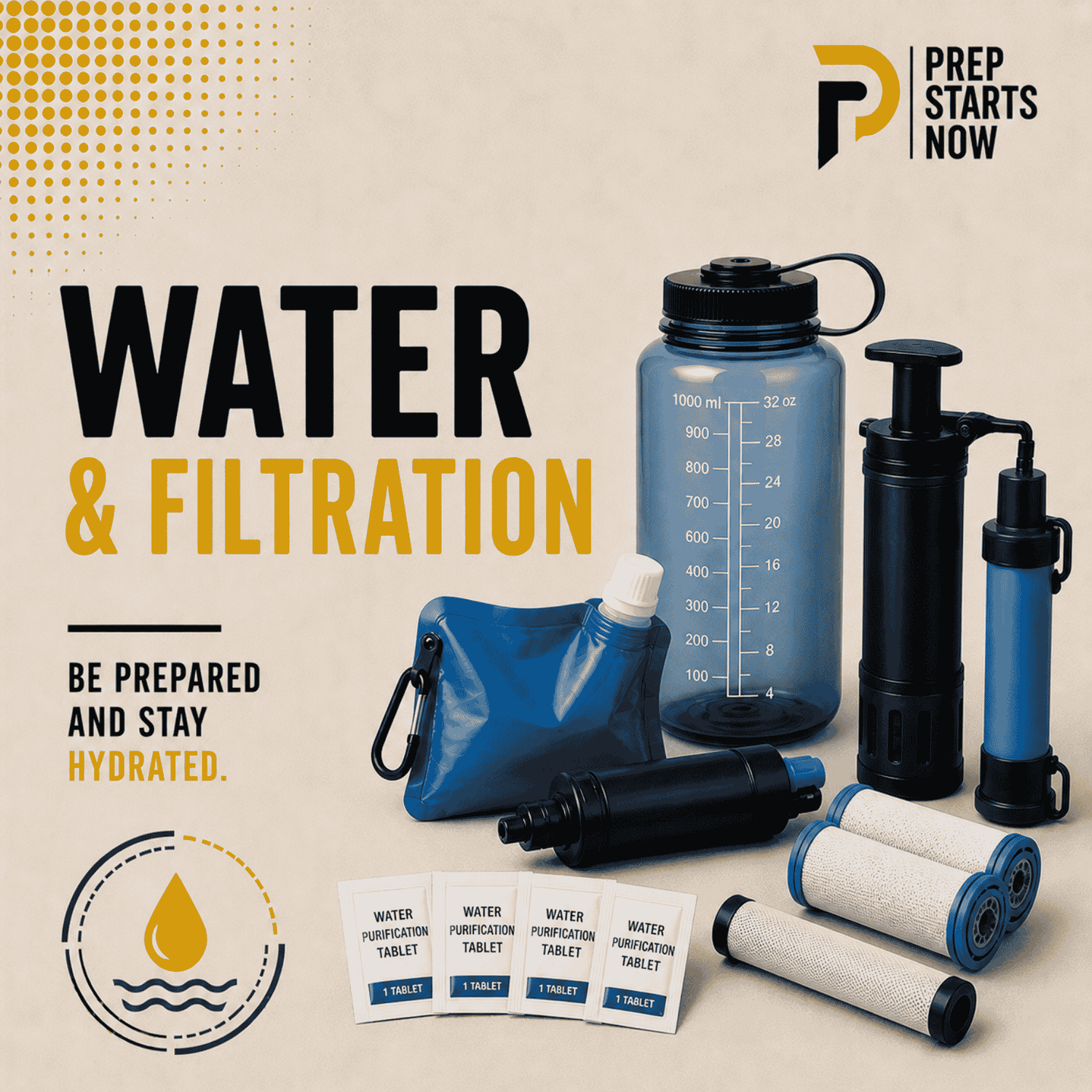 Water and filtration gear including water bottle, portable filters, filtration pump, and purification tablets with message “Be prepared and stay hydrated” and Prep Starts Now branding